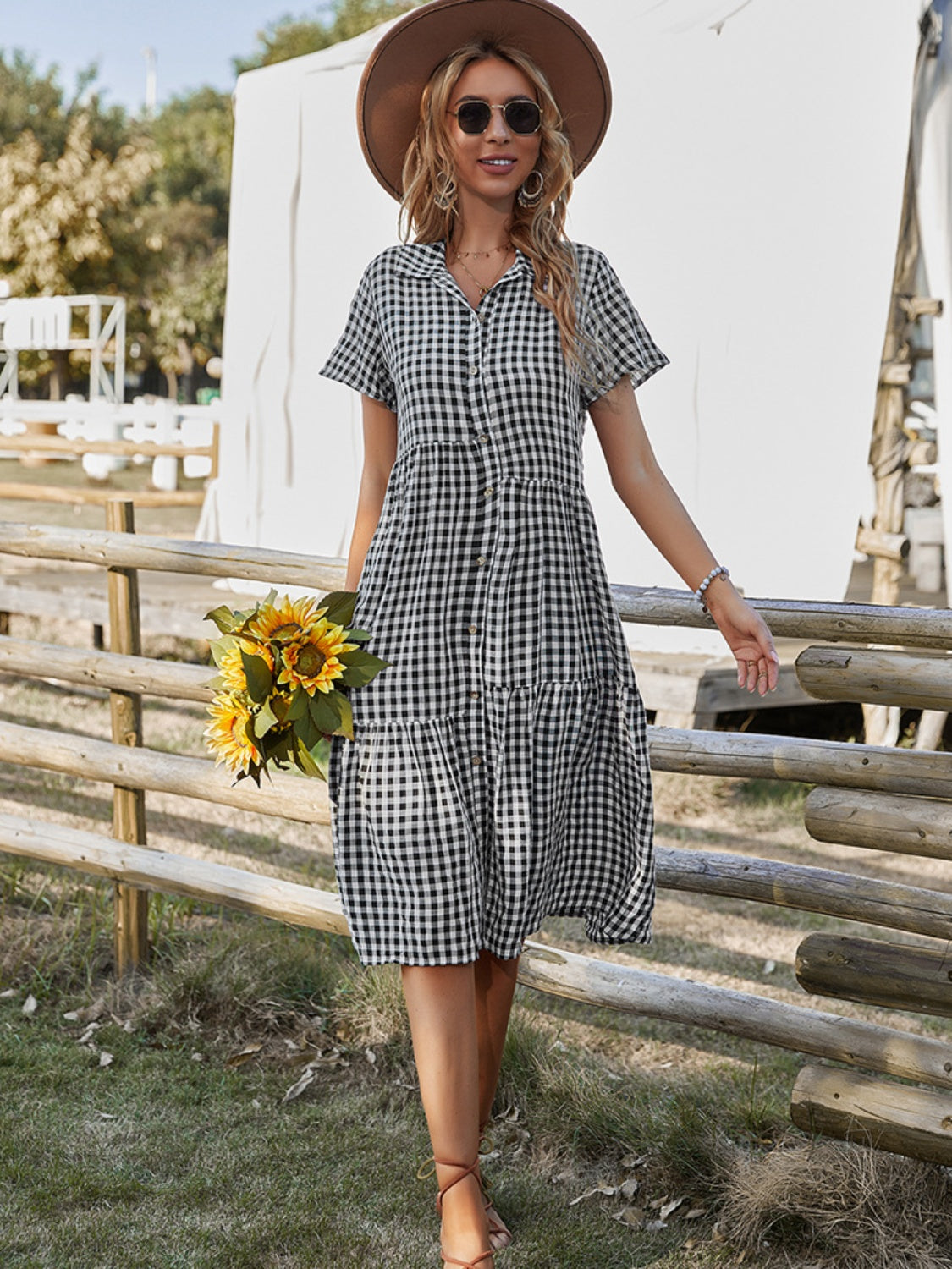 Button Up Plaid Short Sleeve Midi Dress Black S 