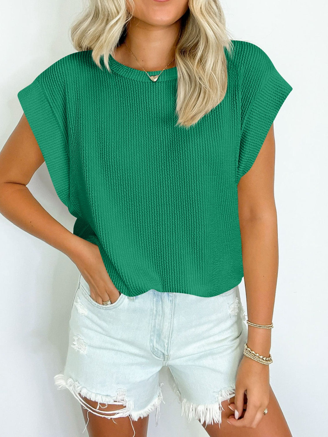 Textured Round Neck Cap Sleeve Blouse Green S 