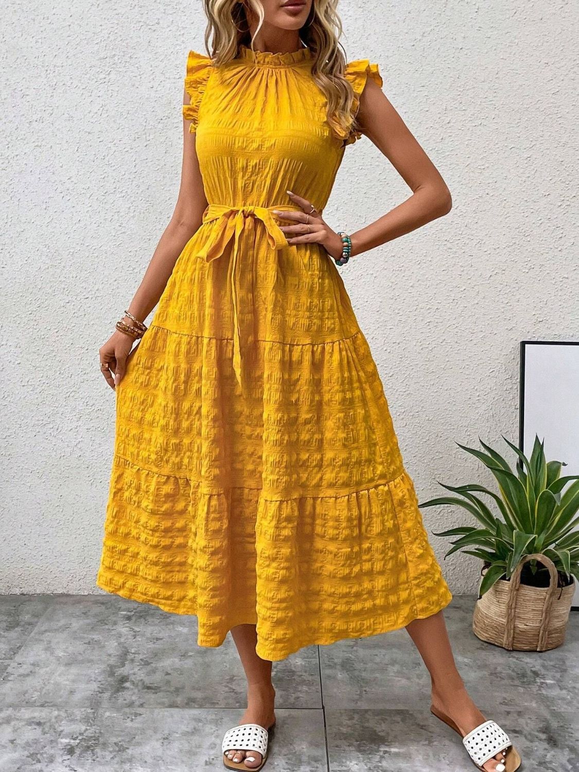 Tied Ruffled Cap Sleeve Midi Dress Gold S 