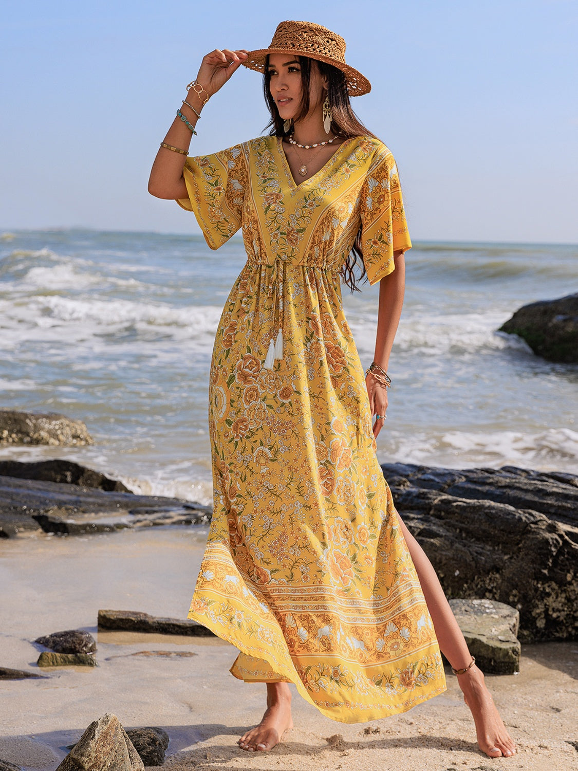 Drawstring Printed Plunge Half Sleeve Dress   