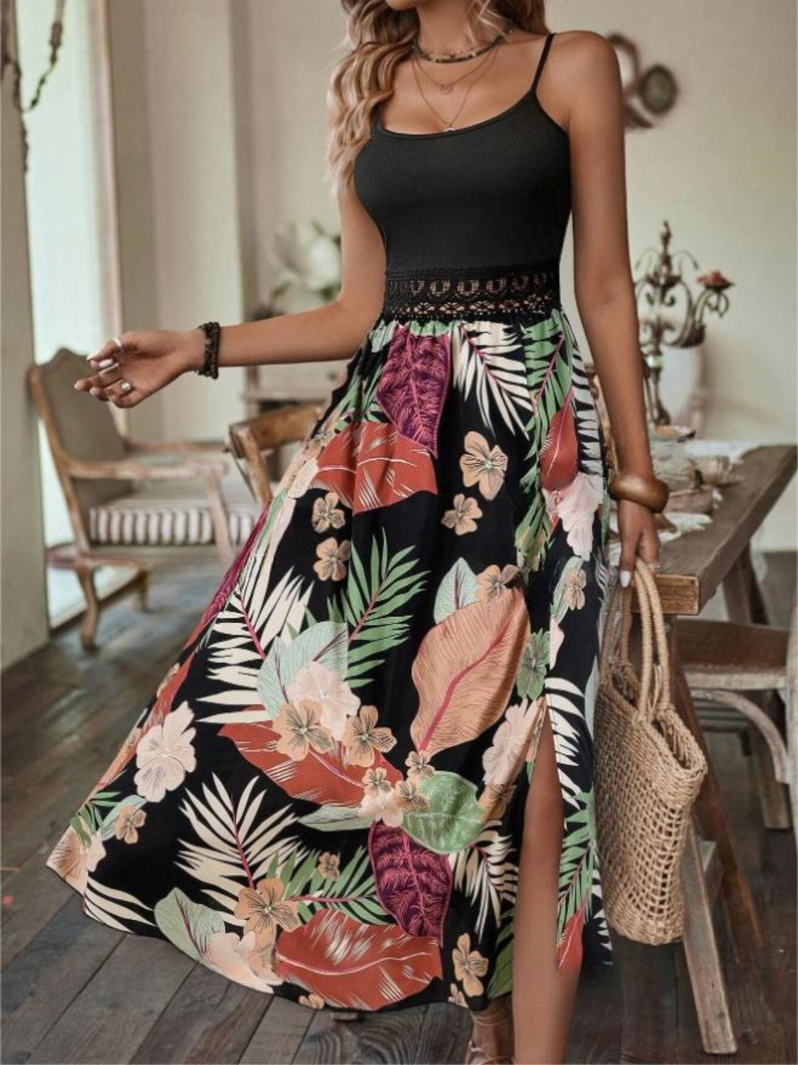 Slit Printed Scoop Neck Cami Dress   