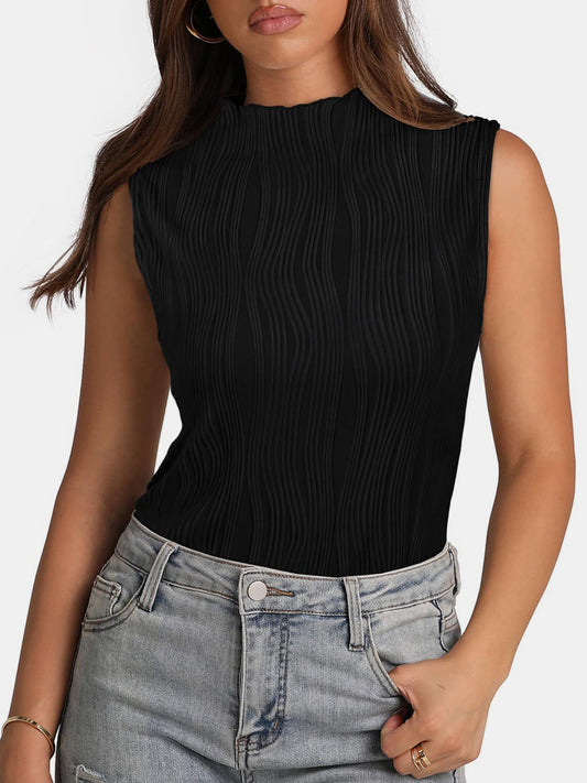 STUNNLY  Textured Mock Neck Tank Black S 