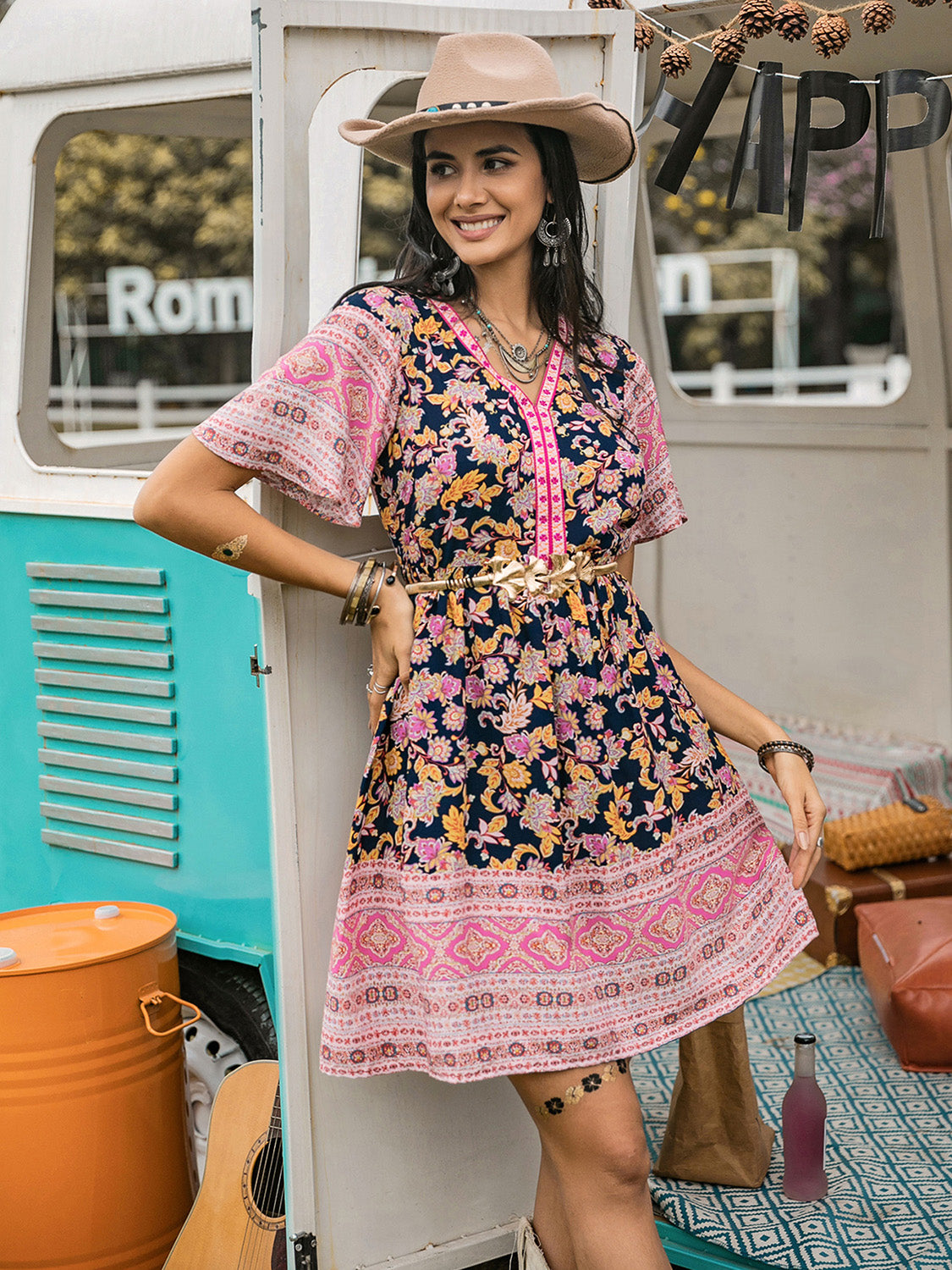 Printed V-Neck Short Sleeve Dress   