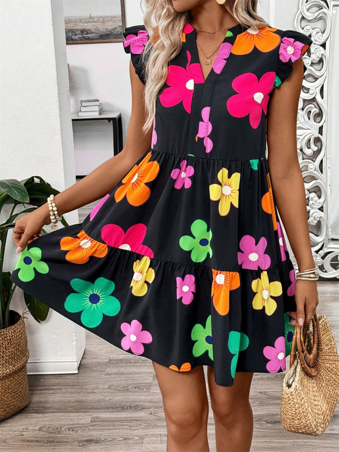 Ruffled Printed Notched Cap Sleeve Dress   