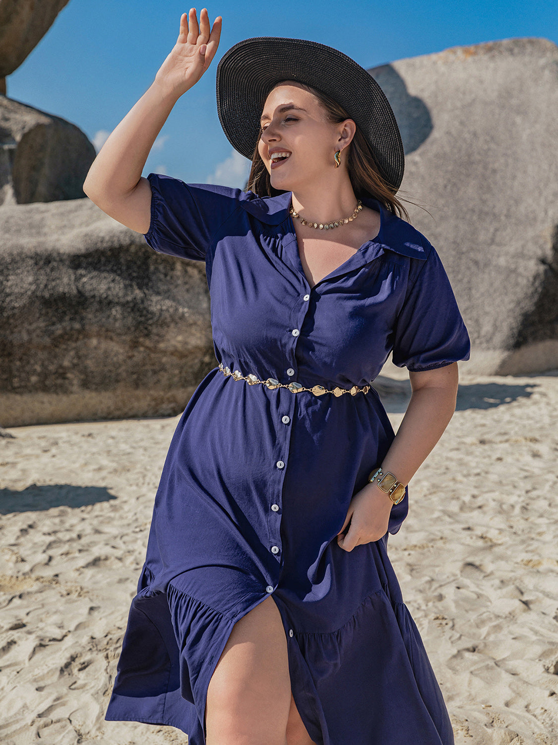 Plus Size Collared Neck Short Sleeve Midi Dress   