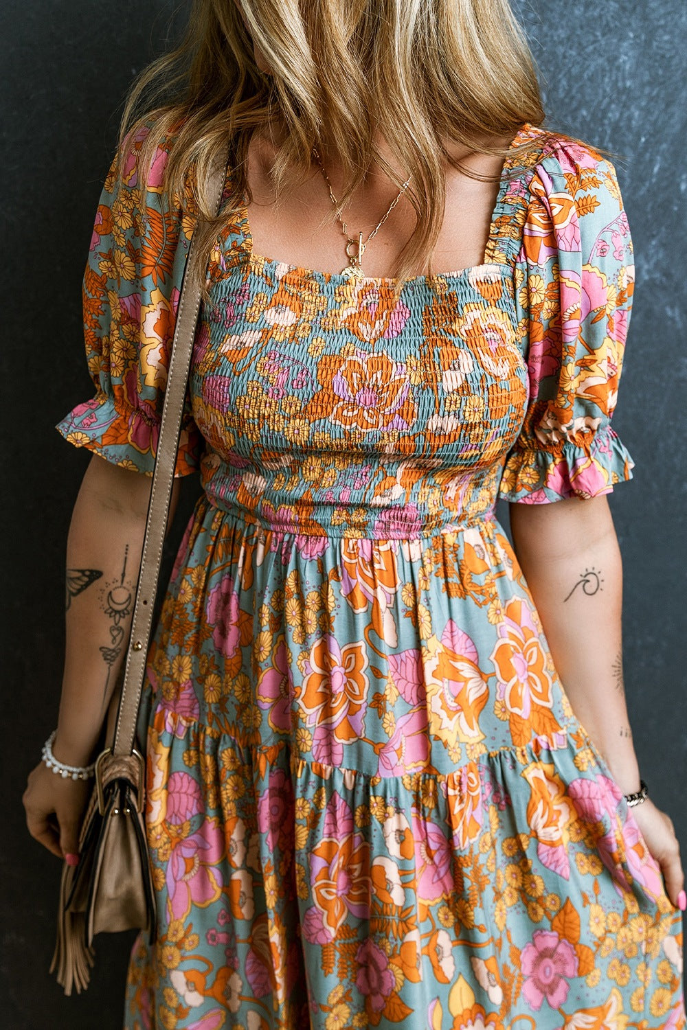 STUNNLY  Smocked Printed Short Sleeve Dress   