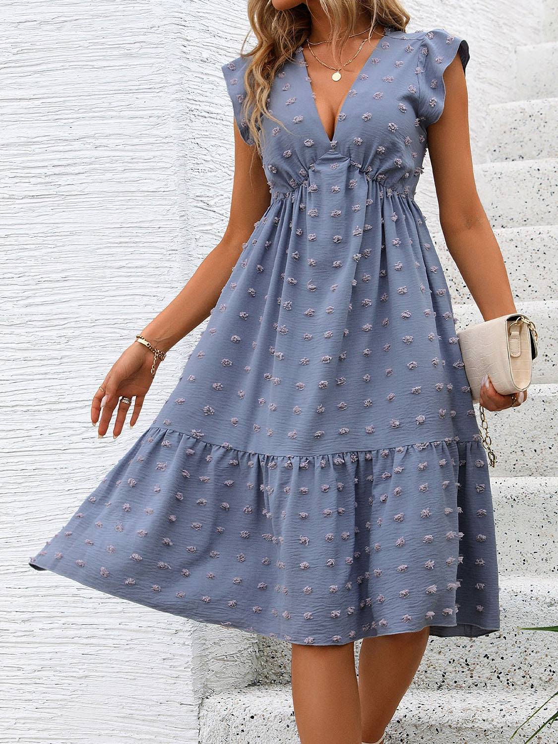 Swiss Dot V-Neck Cap Sleeve Dress   