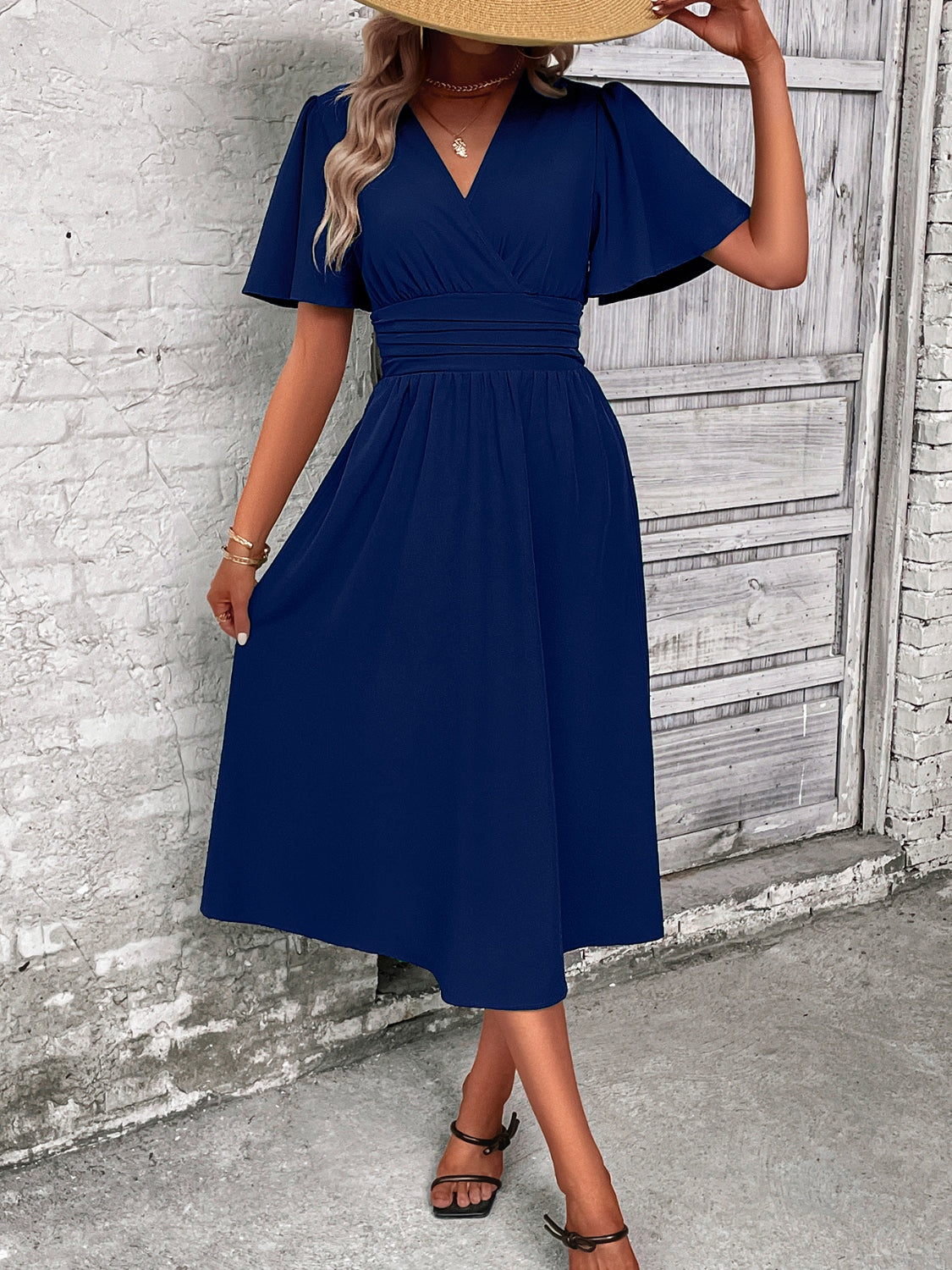 Surplice Flutter Sleeve Midi Dress   