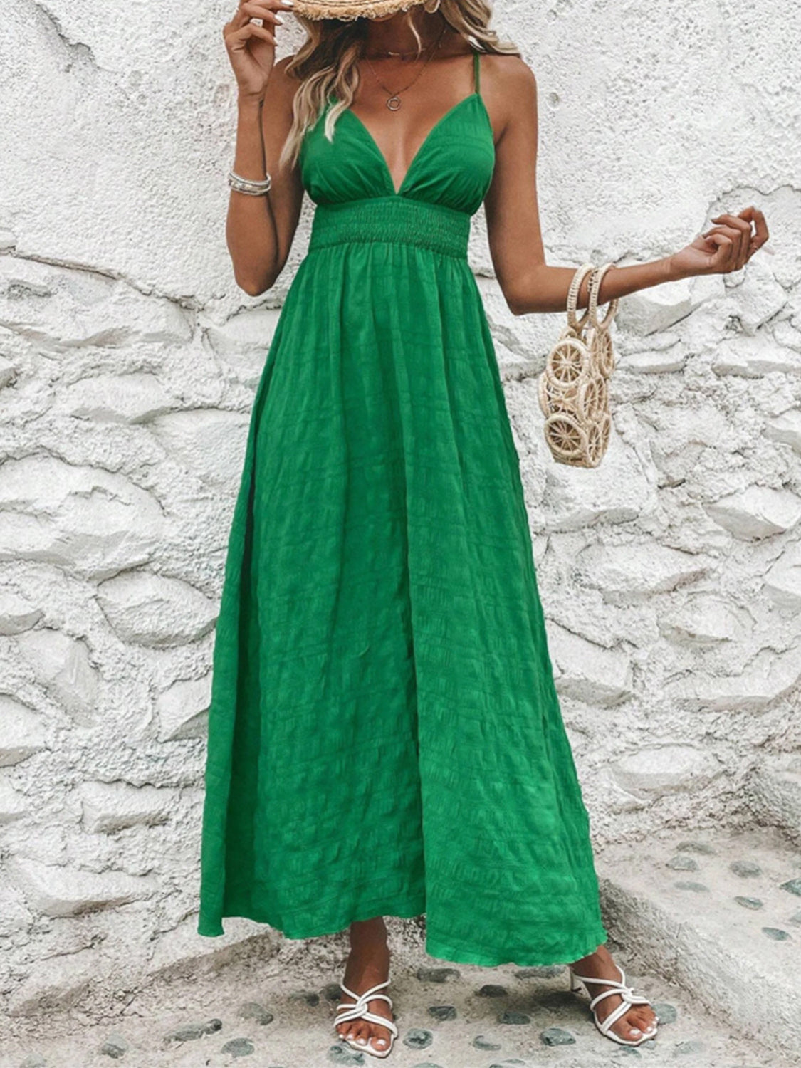 Crisscross V-Neck Maxi Cami Dress Dark Green XS 