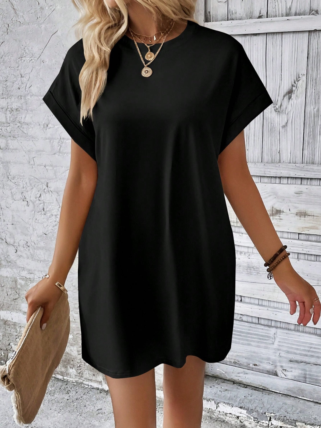 Round Neck Short Sleeve Mini Dress   