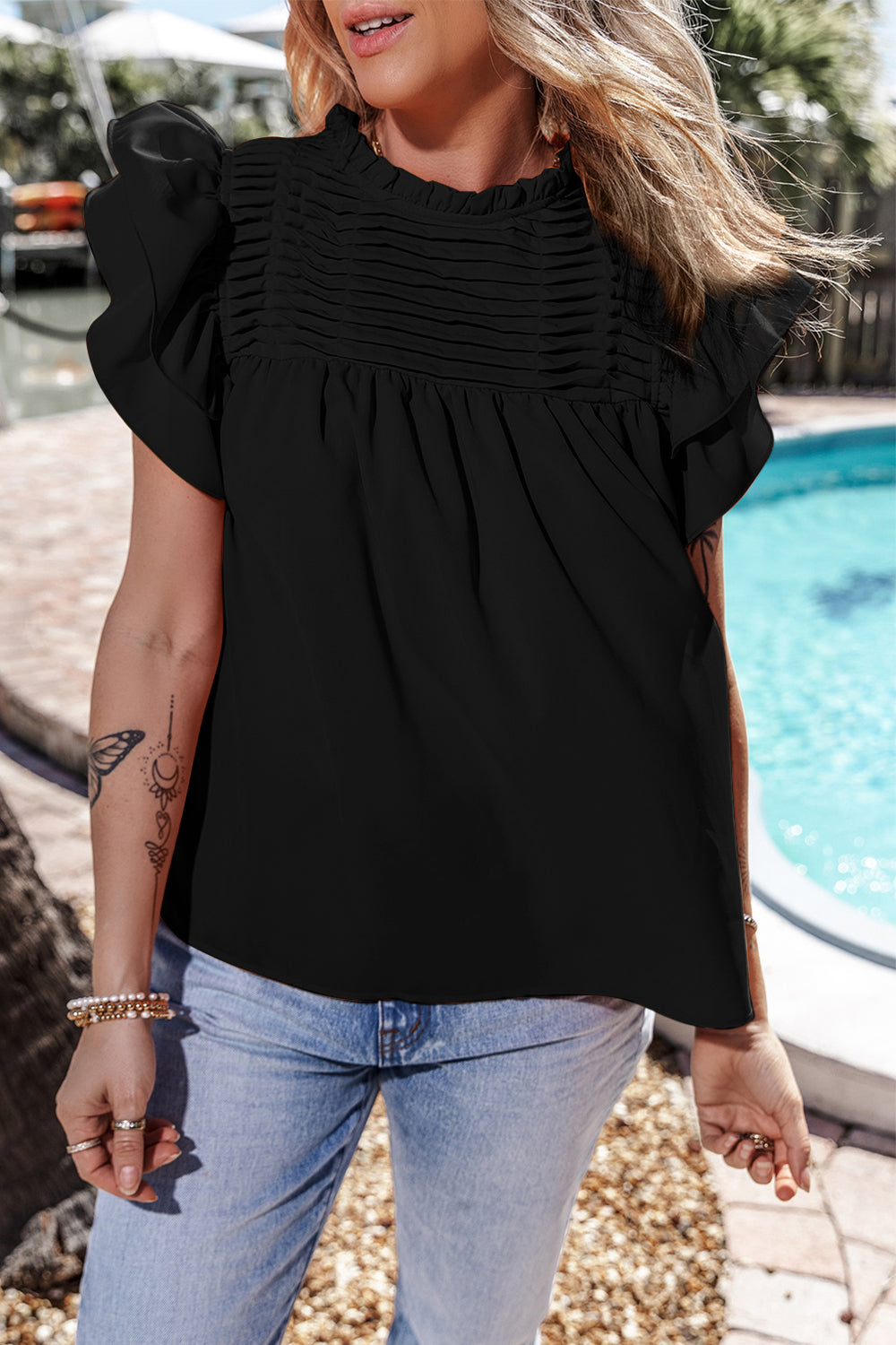 STUNNLY  Ruffled Ruched Cap Sleeve Blouse   