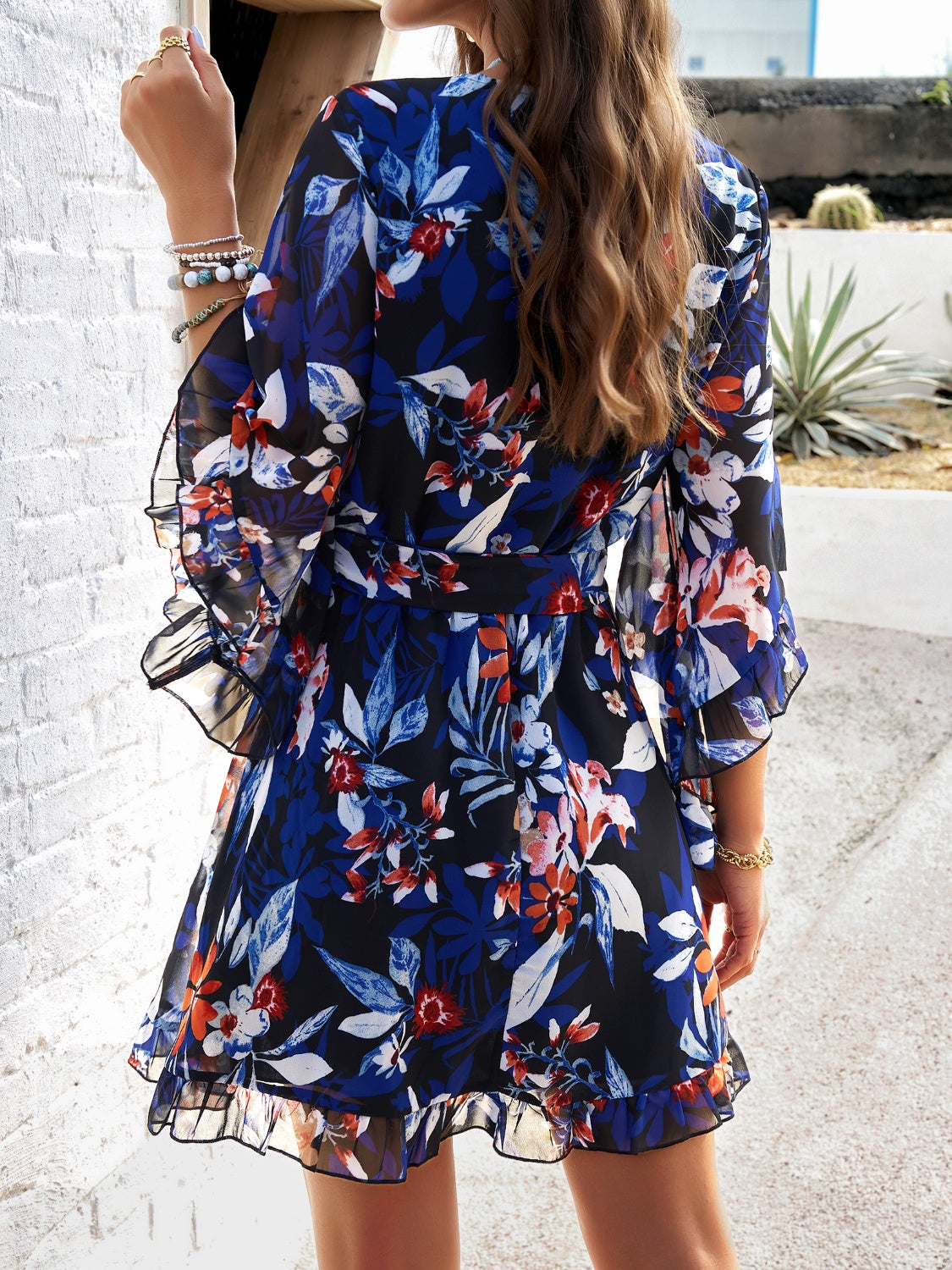 Ruffled Printed Surplice Half Sleeve Mini Dress   