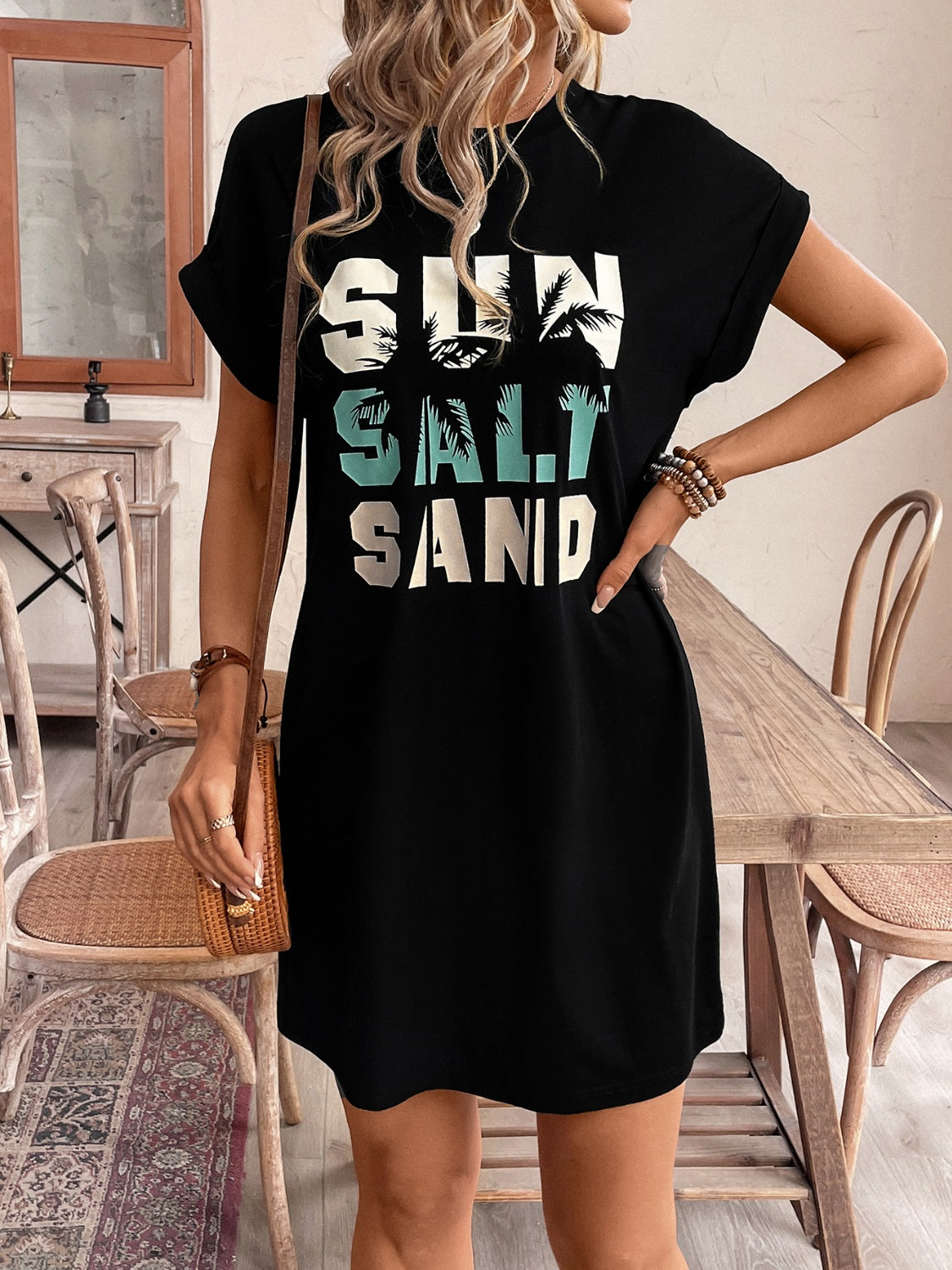 Letter Graphic Round Neck Short Sleeve Mini Tee Dress   