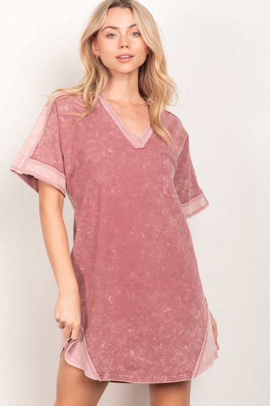 VERY J Short Sleeve V-Neck Tee Dress Mauve S 