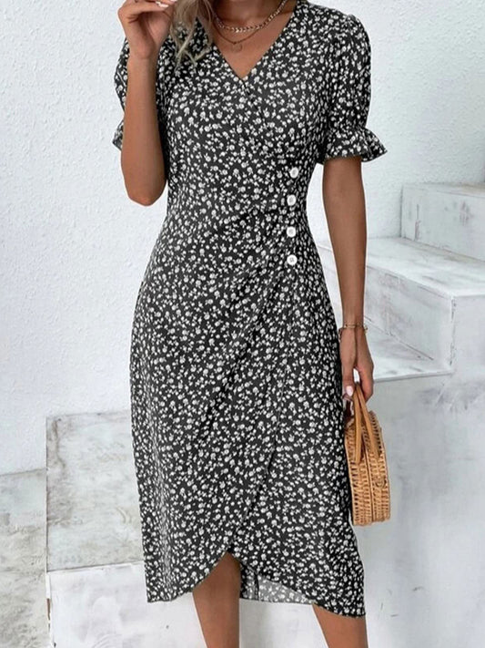 Full Size Printed Surplice Flounce Sleeve Midi Dress Black S 