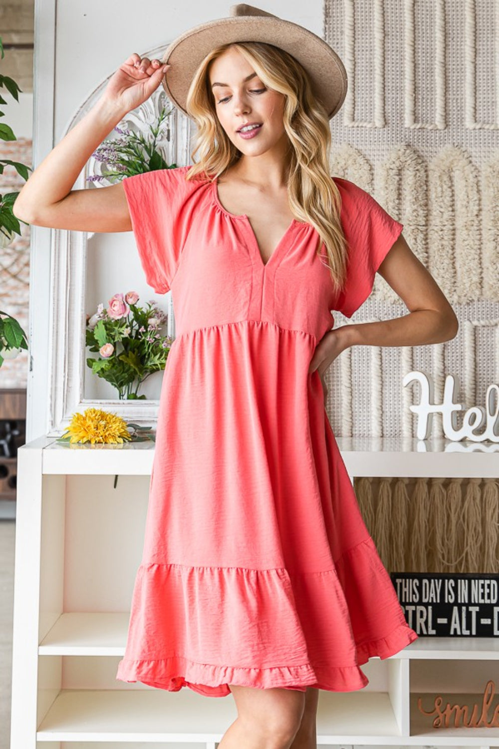 Reborn J Ruffled Notched Cap Sleeve Dress   