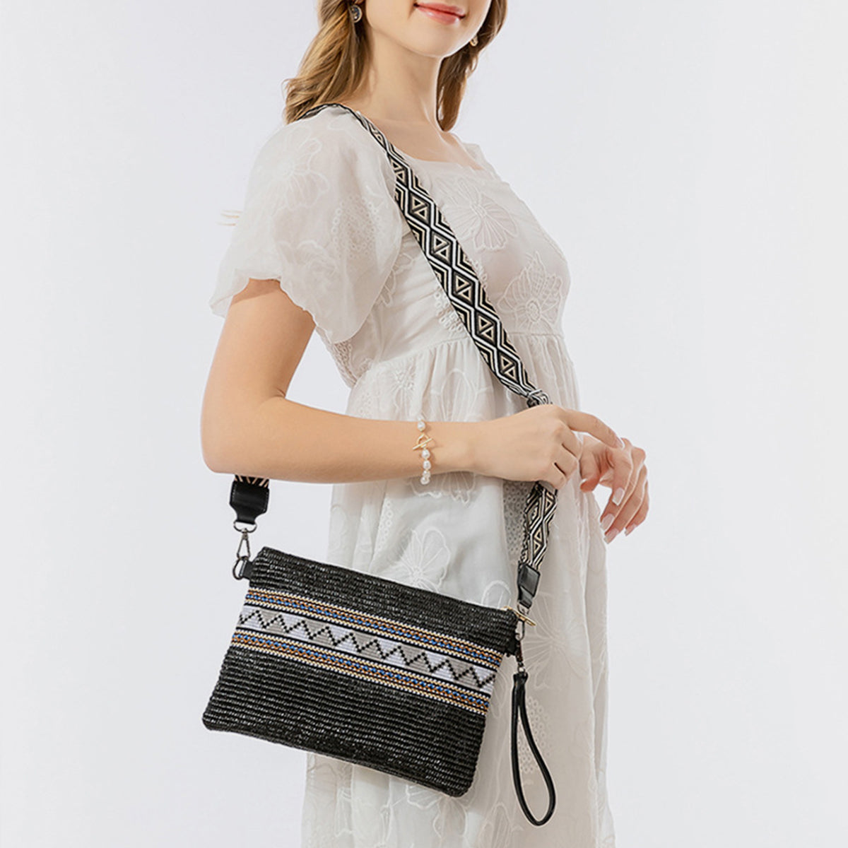 Geometric Straw Weave Crossbody Bag   