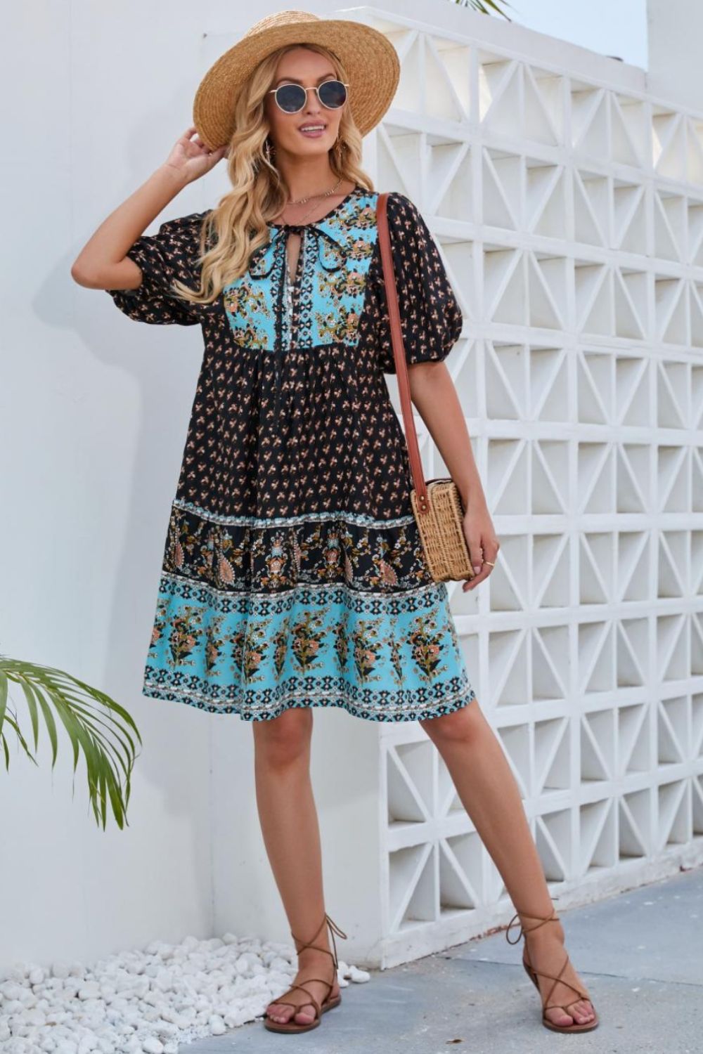 Printed Tie Neck Half Sleeve Dress   