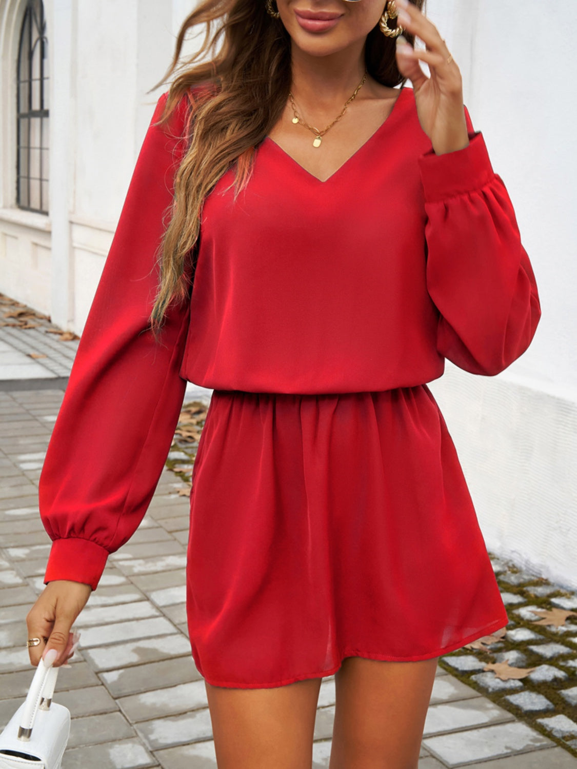 Cutout V-Neck Long Sleeve Mini Dress Deep Red S 