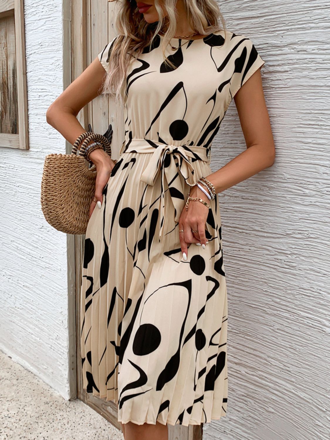 Tied Pleated Printed Cap Sleeve Dress   