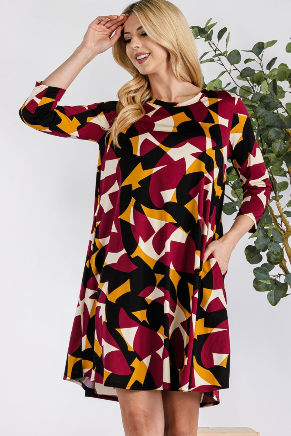 Celeste Full Size Geometric Round Neck Dress with Pockets   