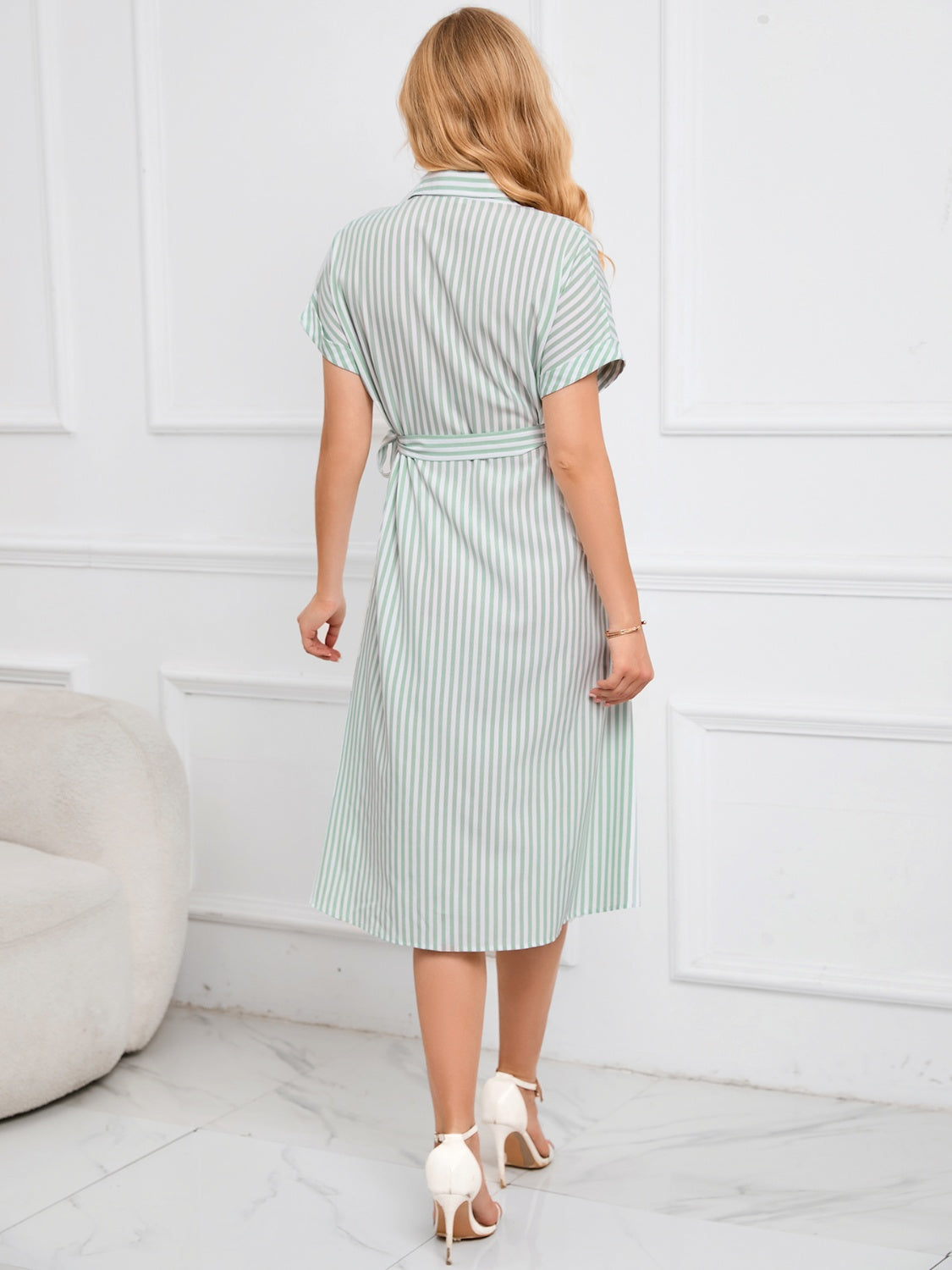 Striped Short Sleeve Tie Waist Midi Dress   