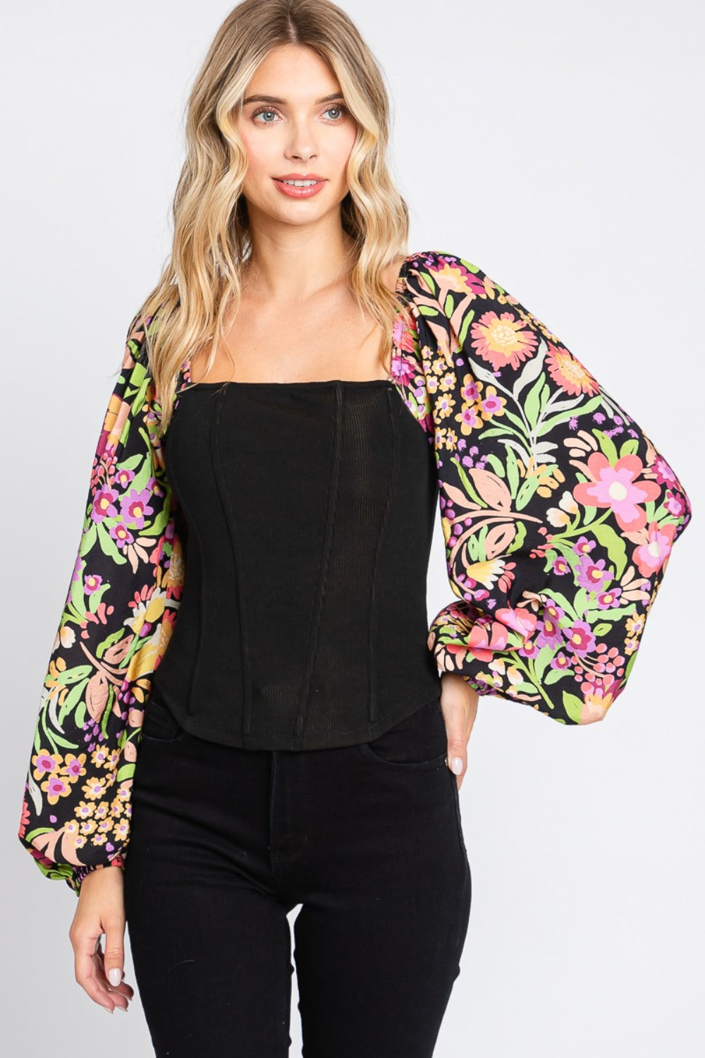 STUNNLY  ODDI Full Size Floral Balloon Sleeve Blouse   