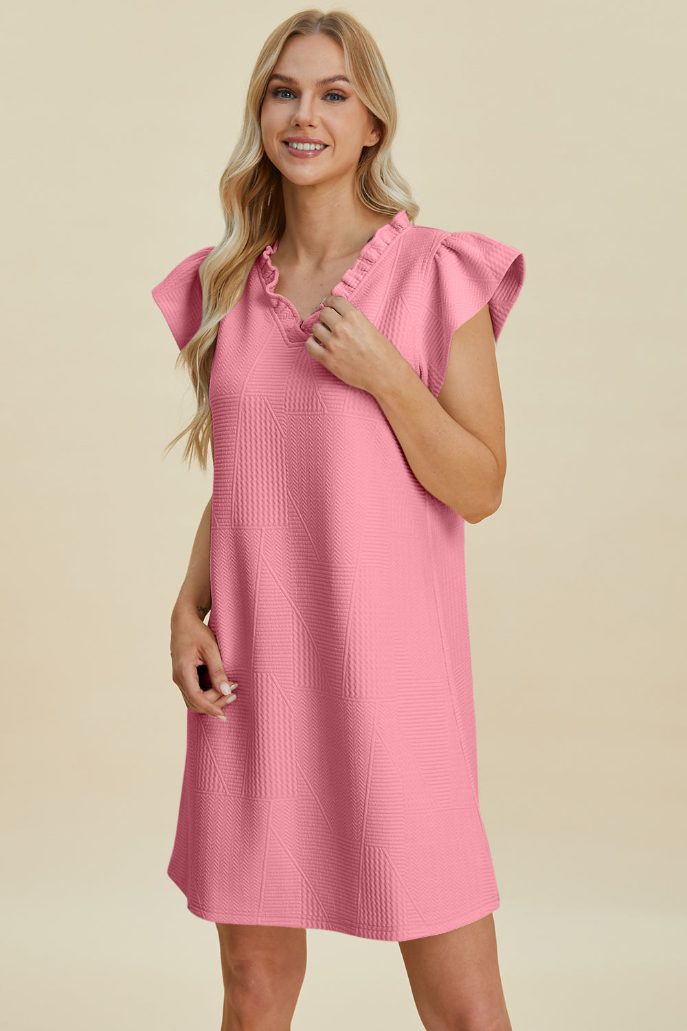 Double Take Full Size Ruffled V-Neck Cap Sleeve Dress Blush Pink S 