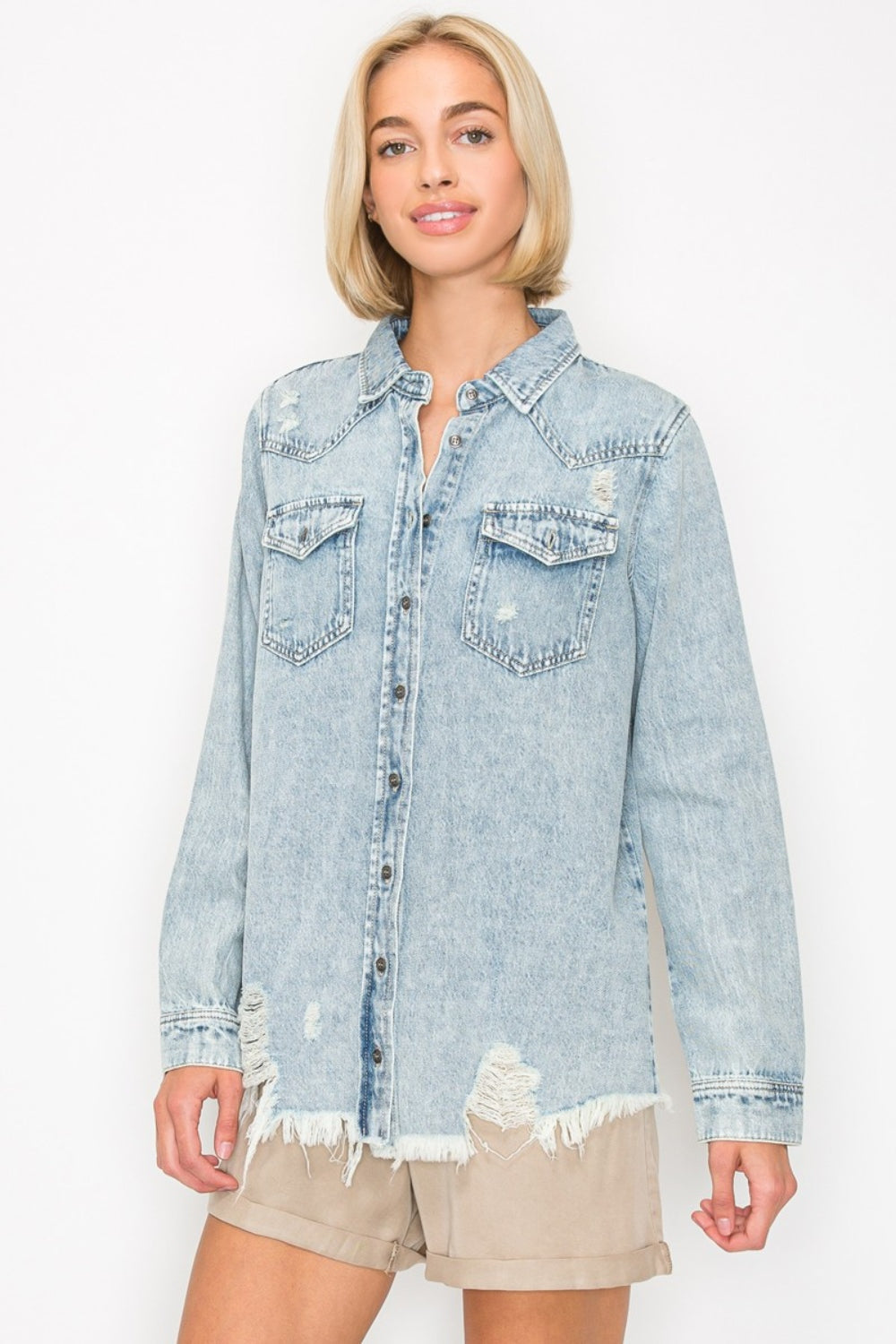 RISEN Button Up Distressed Denim Shirt Acid Light S 