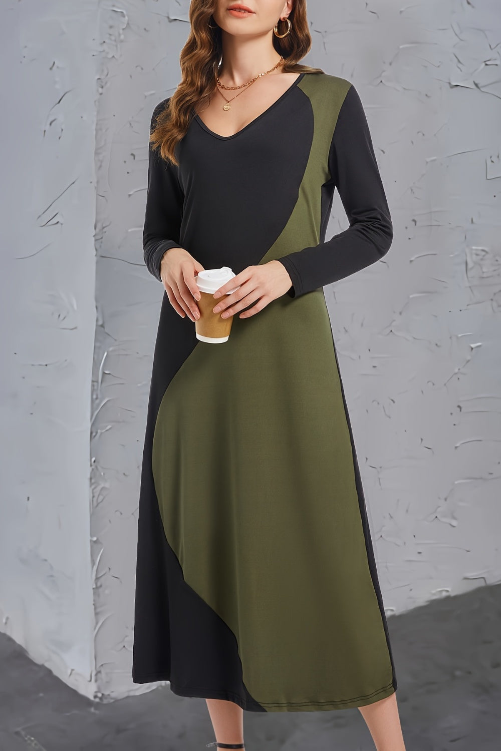 Contrast Long Sleeve Midi Dress   