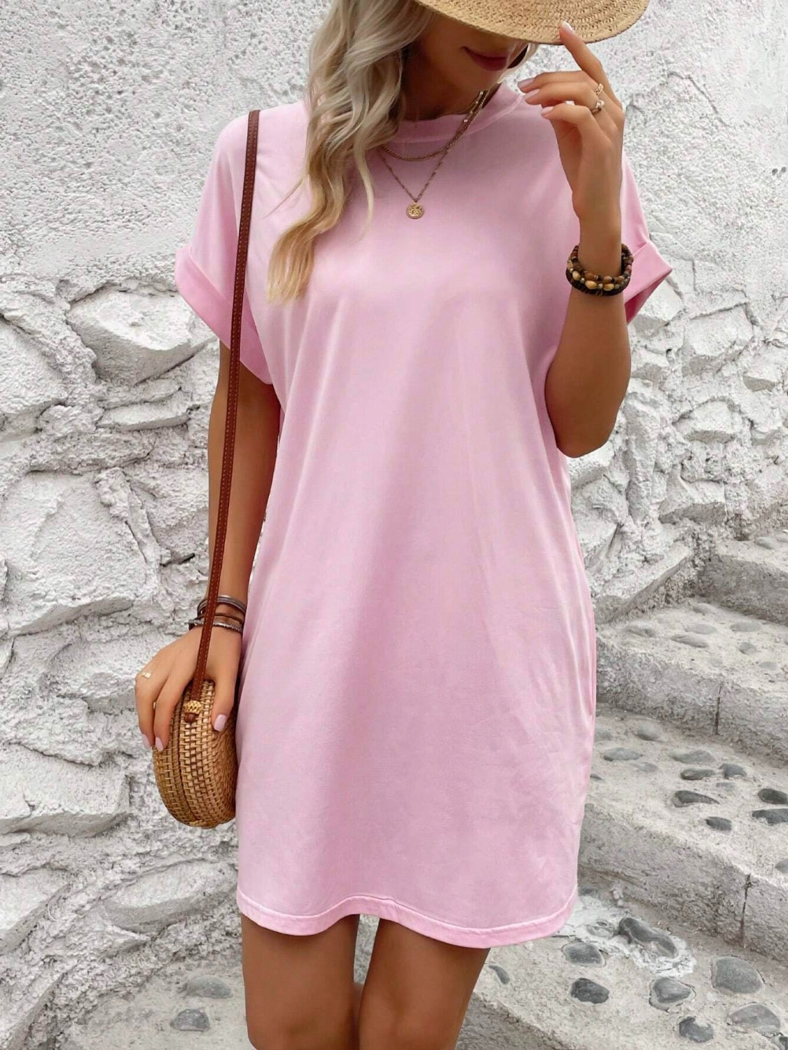 Round Neck Short Sleeve Mini Dress   