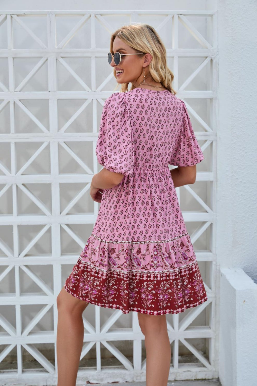 Printed Tie Neck Half Sleeve Dress   