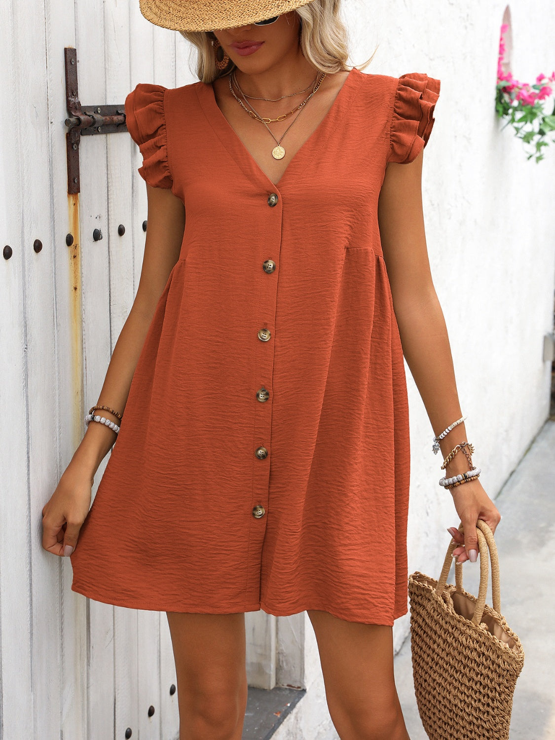 Button Up V-Neck Cap Sleeve Mini Dress   