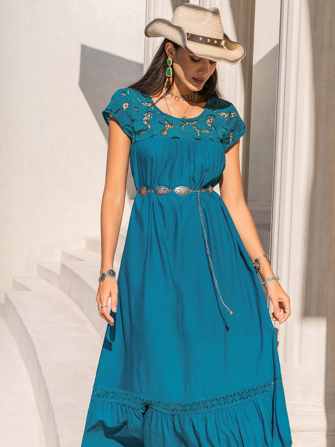 Round Neck Short Sleeve Maxi Dress   