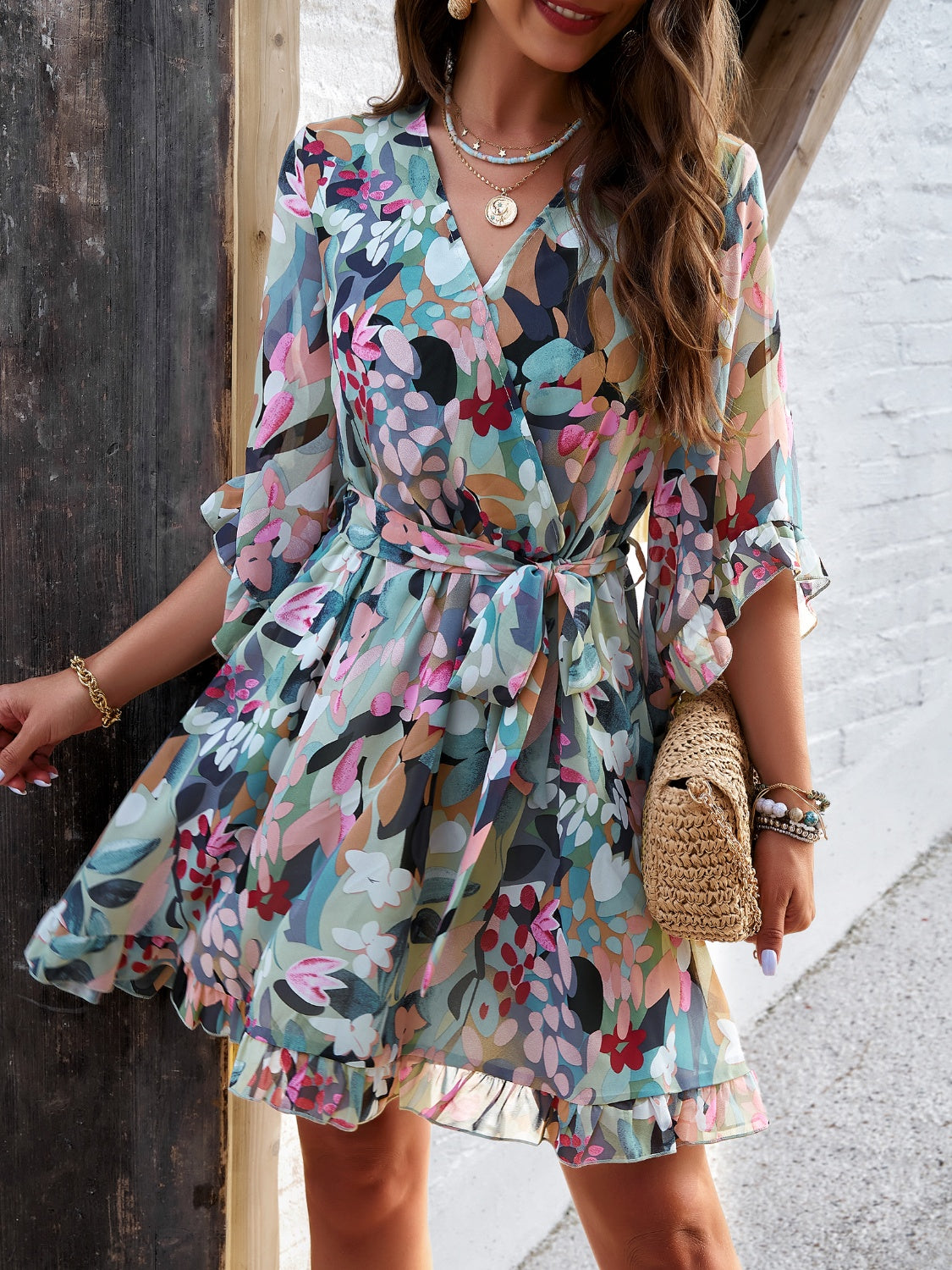 Ruffled Printed Surplice Half Sleeve Mini Dress   