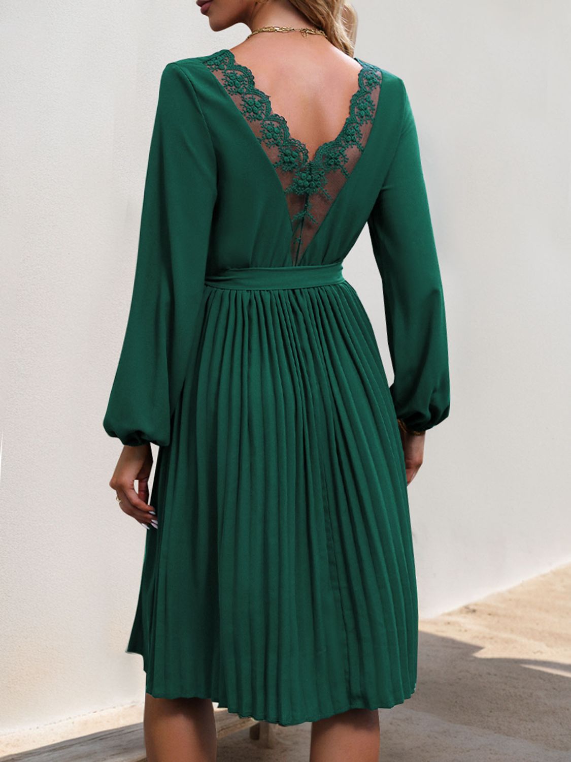 Lace V-Neck Long Sleeve Pleated Dress Dark Green S 