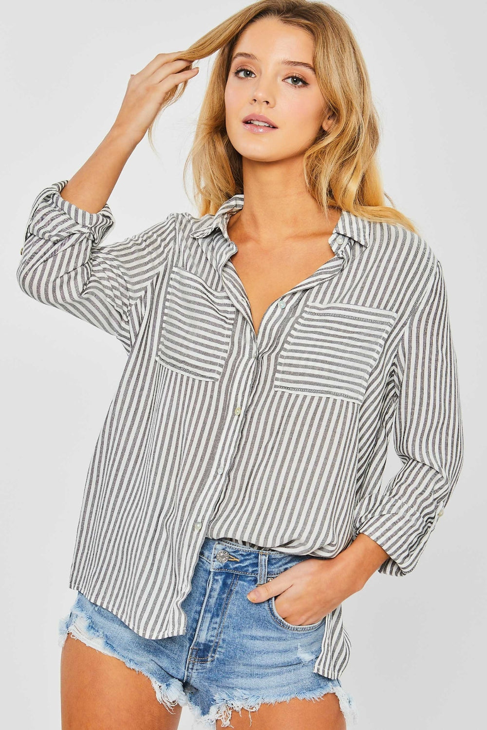 STUNNLY  Love Tree Striped Collared Neck Long Sleeve Shirt   