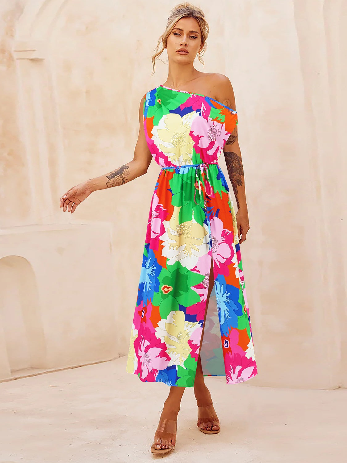 Printed One Shoulder Short Sleeve Dress Turquoise S 