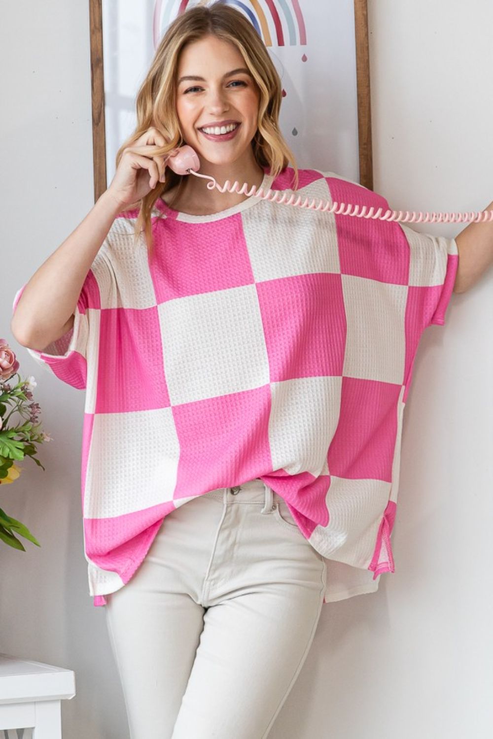 HOPELY Checkered Waffle Oversized T-Shirt Hot Pink S 