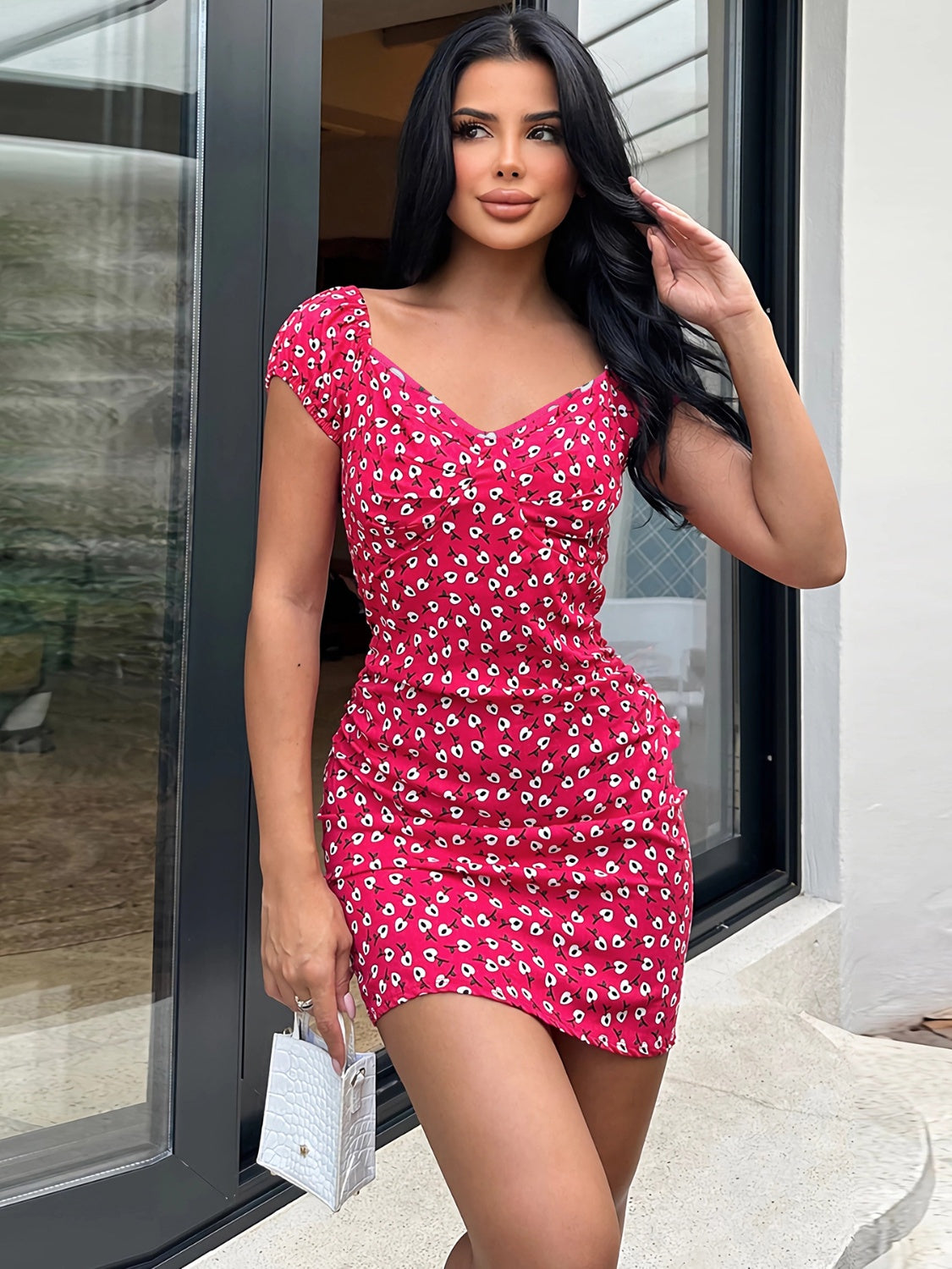 Printed V-Neck Short Sleeve Mini Dress   