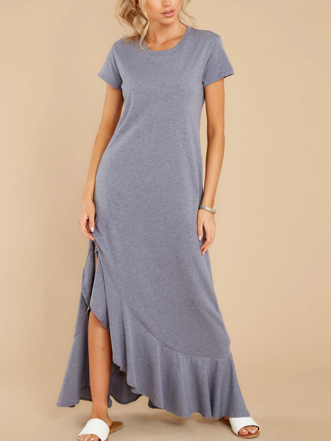 Slit Round Neck Short Sleeve Maxi Dress   