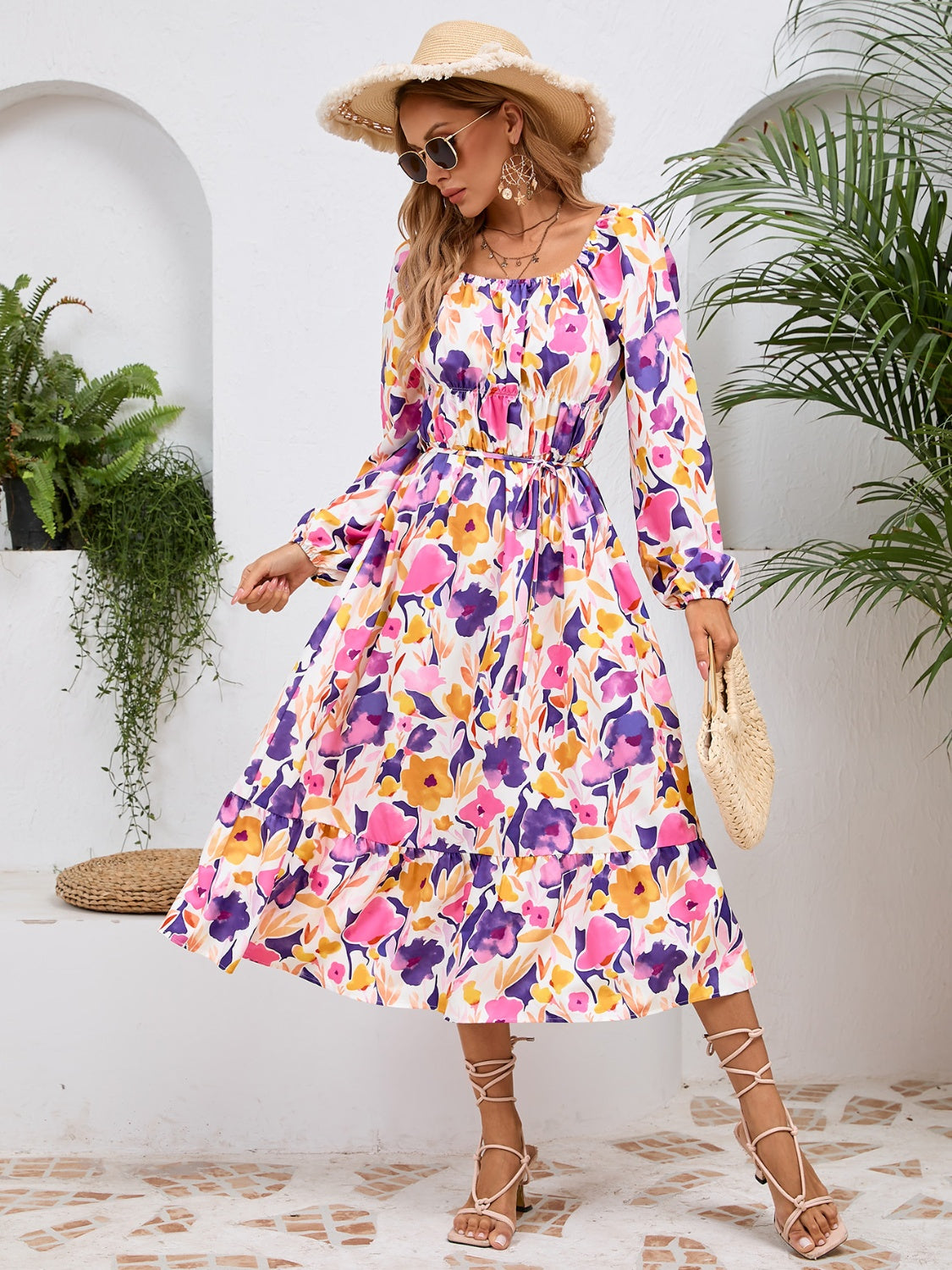 Printed Long Sleeve Midi Dress   