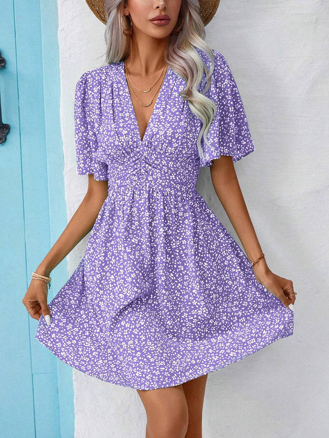 Printed V-Neck Half Sleeve Mini Dress   