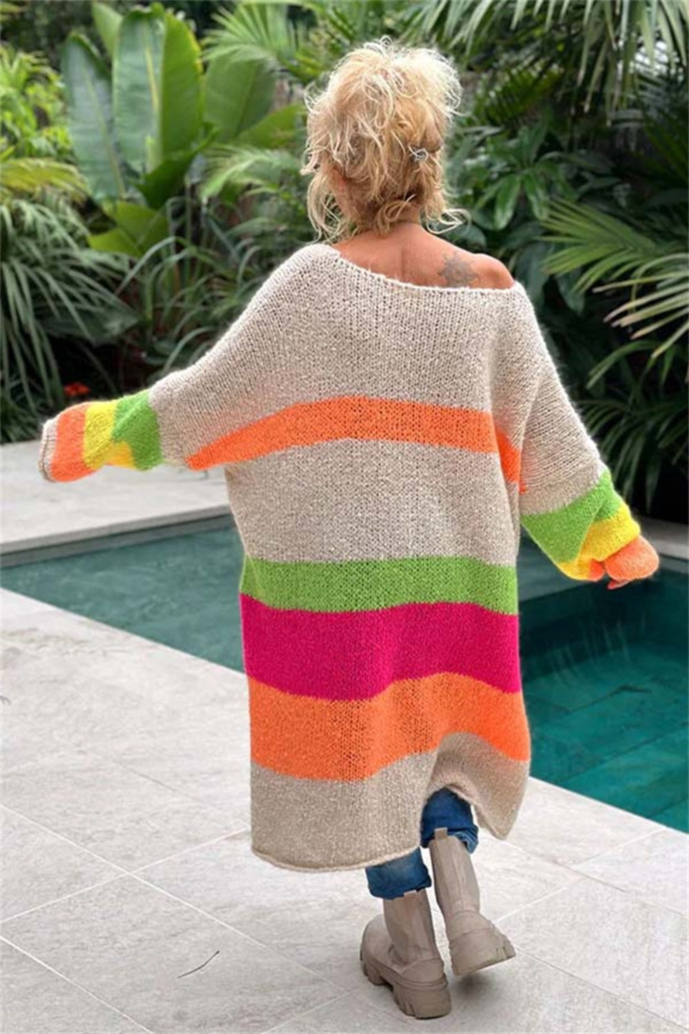 Color Block V-Neck Long Sleeve Sweater Dress   