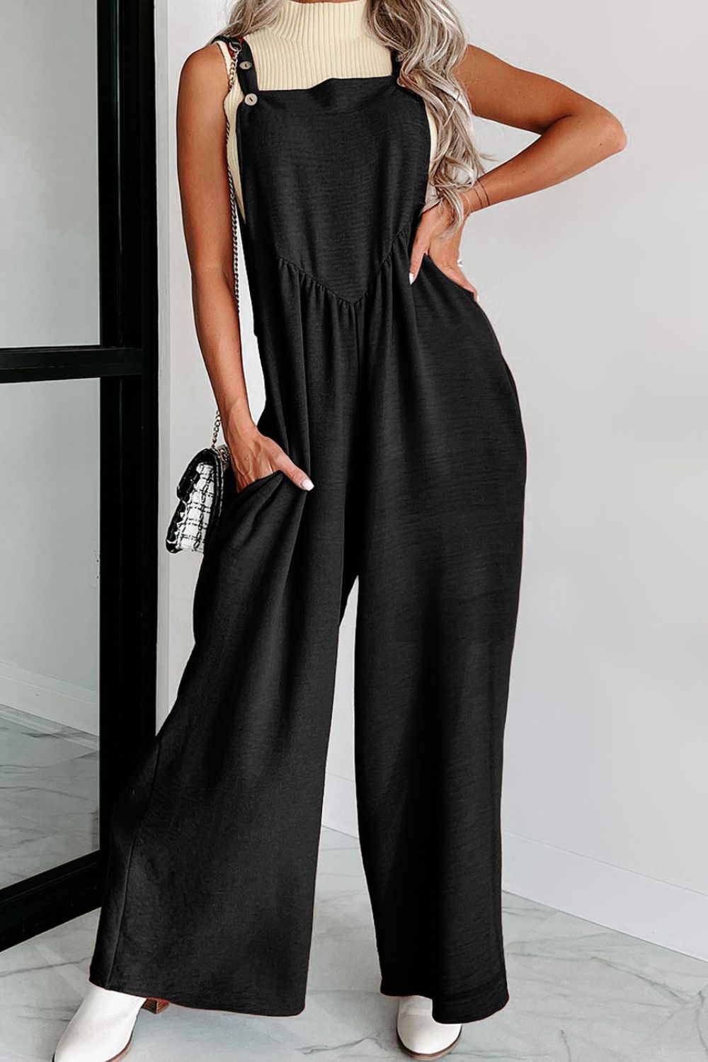 Buttoned Wide Leg Overalls Black S 