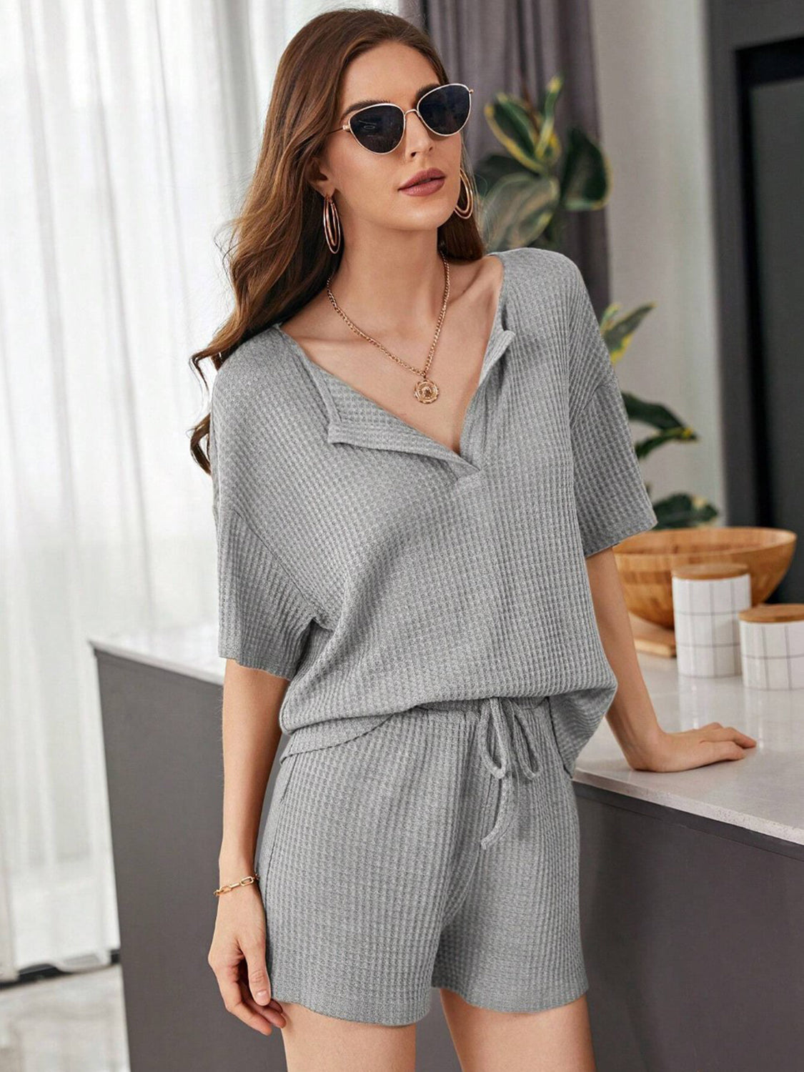 STUNNLY  Full Size Waffle-Knit Dropped Shoulder Top and Shorts Set Charcoal S 