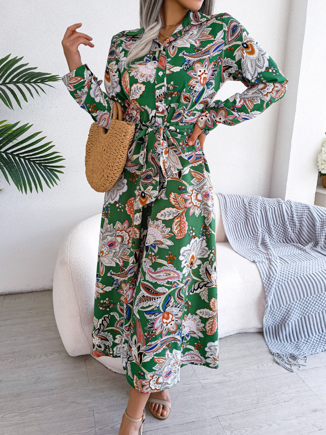 Tied Printed Long Sleeve Midi Dress   