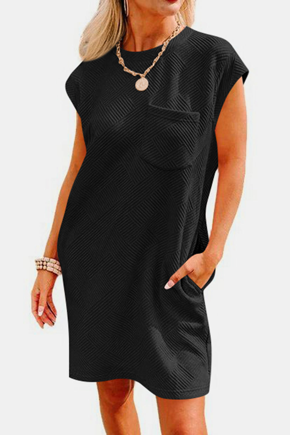 STUNNLY  Textured Round Neck Cap Sleeve Dress Black S 