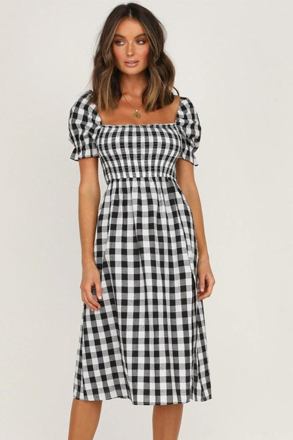 Full Size Slit Plaid Short Sleeve Midi Dress   