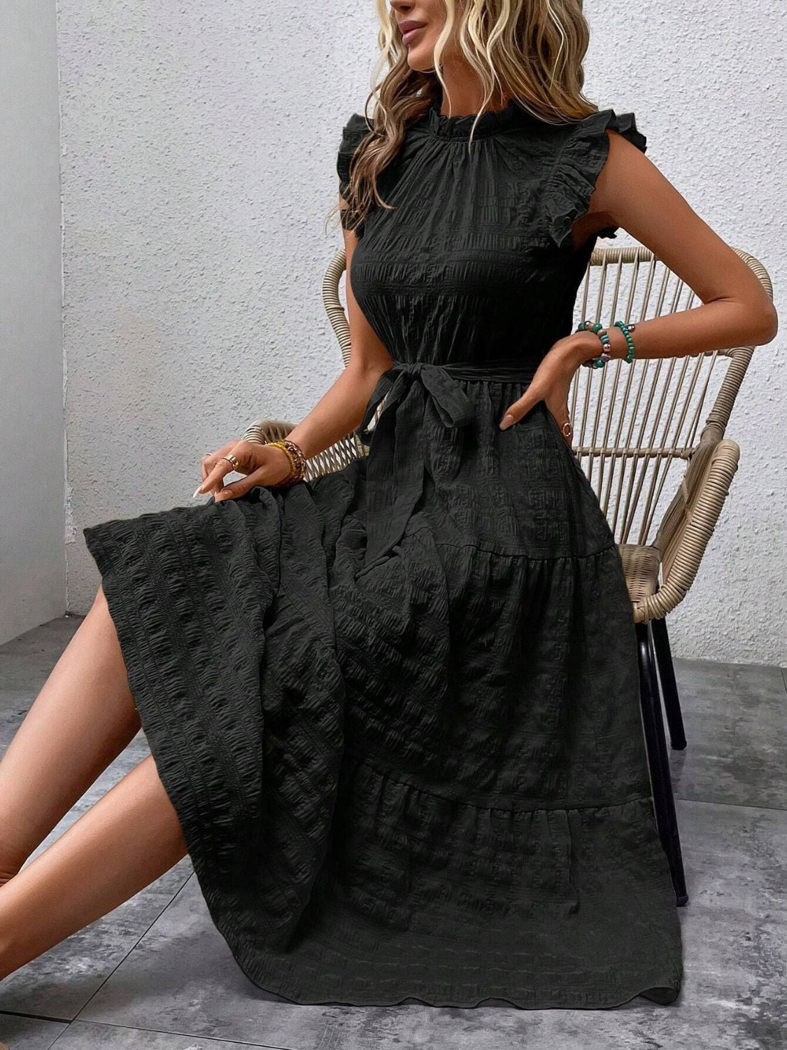 Tied Ruffled Cap Sleeve Midi Dress   